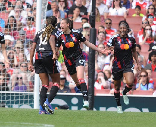Football - 2025 2026 UEFA Women™s Champions League - Semi-Final, First Leg: Arsenal vs. OL Lyonnes - Emirates Stadium - Sunday 26th April 2026 Jule Brand of OL Lyonnes celebrates her first half goal 