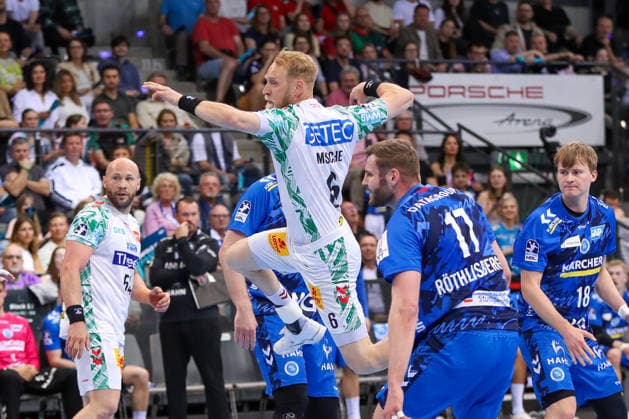 26 04 2026, xgox, Handball Daikin HBL TVB Stuttgart SC Magdeburg emspor, v l Matthias Musche Magdeburg, 6 wirft Tor, Torschuetze, erzielt Tor, Treffer, scores the goal Stuttgart