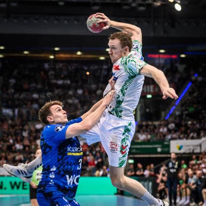 Felix Claar SC Magdeburg 07 vs Max Haefner TVB Stuttgart, 03 GER, TVB Stuttgart SC Magdeburg, DAIKIN HBL, Handball, Bundesliga, Matchday 29, Season 2025 2026, 26 04 2026 GER, TVB Stuttgart SC Magdeburg, DAIKIN HBL, Handball, Bundesliga, Matchday 29, Season 2025 2026, 26 04 2026 Stuttgart Copyright: xSandyxDinkelackerx EP_SDR