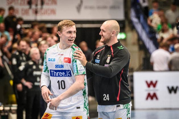 Gisli Thorgeir Kristjansson SC Magdeburg 10 and Christian OÂ Sullivan SC Magdeburg 24 are happy about their away win against TVB Stuttgart GER, TVB Stuttgart SC Magdeburg, DAIKIN HBL, Handball, Bundesliga, Matchday 29, Season 2025 2026, 26 04 2026 GER, TVB Stuttgart SC Magdeburg, DAIKIN HBL, Handball, Bundesliga, Matchday 29, Season 2025 2026, 26 04 2026 Stuttgart Copyright: xSandyxDinkelackerx EP_SDR