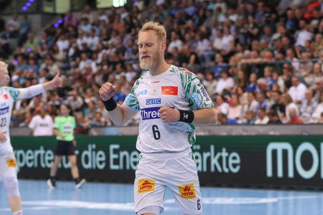26 04 2026, xgox, Handball Daikin HBL TVB Stuttgart SC Magdeburg emspor, v l Matthias Musche Magdeburg, 6 Jubel, Torjubel, jubelt ueber das Tor, celebrate the goal, celebration Stuttgart