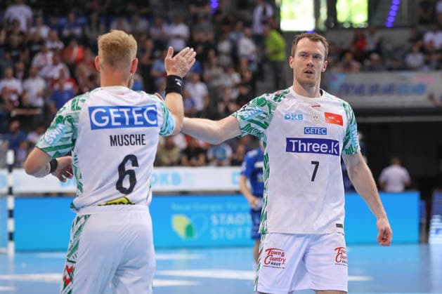 26 04 2026, xgox, Handball Daikin HBL TVB Stuttgart SC Magdeburg emspor, v l Matthias Musche Magdeburg, 6 , Felix Claar Magdeburg, 7 Jubel, Torjubel, jubelt ueber das Tor, celebrate the goal, celebration Stuttgart