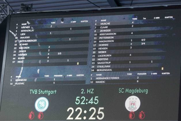26 04 2026, xgox, Handball Daikin HBL TVB Stuttgart SC Magdeburg emspor, v l There is a wrong name on the scoreboard, instead of Elvar Oern Jonsson Magdeburg, 19 Noah Hensen is also Magdeburg 19 in the squad Stuttgart