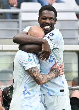 April 26, 2026, Turin, Italy: Inter s Thuram (R) celebrates with teammate Federico Dimarco after scoring during the italian Serie A soccer match Torino FC vs Inter FC at the Olimpico Grande Torino Stadium in Turin, Italy, 26 April 2026 ANSA ALESSANDRO DI MARCO. Serie A: Torino FC Vs Inter FC  - ZUMAa110 20260426_zaf_a110_027 Copyright: xAlessandroxDixMarcox