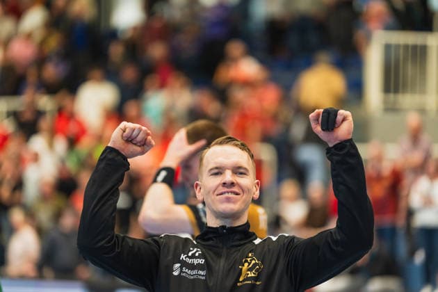 Robin Cantegrel HC Elbflorenz 2006, 77 celebrates the victory, arms up TuSEM Essen vs HC Elbflorenz Dresden, Handball, 2 HBL, Matchday 29, Season 2025 26, 26 04 2026, TuSEM Essen vs HC Elbflorenz Dresden, Handball, 2 HBL, Matchday 29, Season 2025 26, 26 04 2026 Essen Copyright: xEibner-Pressefoto LukasxBaldygax EP_LBA