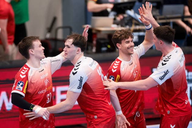 26 04 2026, 29 Matchday of the 2 Handball Bundesliga, TuSEM Essen HC Elbflorenz 2006 f l Max Neuhaus TuSEM Essen , Tom Wolf TuSEM Essen , Tim Mast TuSEM Essen , Valentin Willner TuSEM Essen Essen Am Hallo NRW Germany xRHR PHOTO DEx Copyright: DennisxEwert RHR-FOTOx RHR-FOTO DE