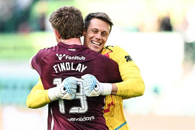 Sport Bilder des Tages Hibernian v Heart of Midlothian William Hill Premiership Alexander Schwolow and Stuart Findlay of Heart of Midlothian celebrate their sides win at full time during the William Hill Premiership match at Easter Road, Edinburgh 26 04 2026 UK Newspapers OUT Copyright: xJamiexJohnstonx FIL-23354-0162