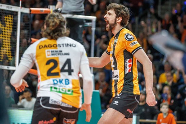 Volleyball, Men BR Volleys VfB Friedrichshafen, Bundesliga Jake Hanes BR Volleys happy about the point BR Volleys VfB Friedrichshafen