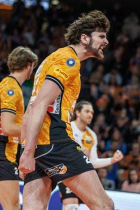 Volleyball, Men BR Volleys VfB Friedrichshafen, Bundesliga Jake Hanes BR Volleys happy about the point BR Volleys VfB Friedrichshafen