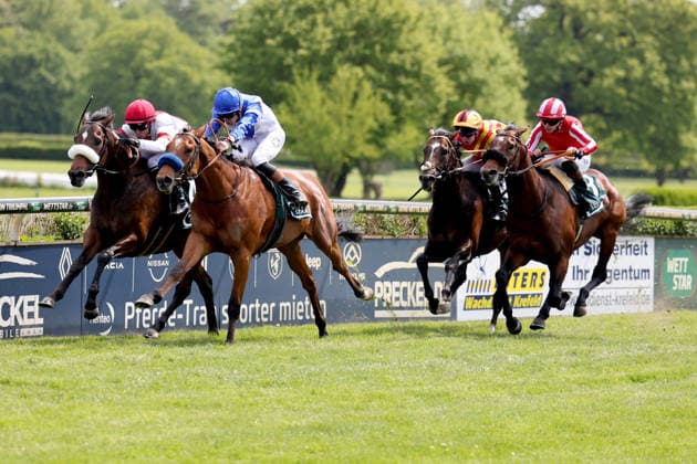 Sport Bilder des Tages 26.04.2026, Krefeld, Nordrhein-Westfalen, GER - Asker mit Leon Wolff (blaue Kappe) gewinnt das Dr.-Busch-Memorial. Galopprennbahn Krefeld-Stadtwald. (Pferd, Jockey, Asker, Wolff, Sieg, Ziel, Zielankunft) 260426SG986KREFELD.JPG *** 26 04 2026, Krefeld, Nordrhein Westfalen, GER Asker with Leon Wolff blue cap wins the Dr Busch Memorial Galopprennbahn Krefeld Stadtwald horse, jockey, Asker, Wolff, victory, finish, finish 260426SG986KREFELD JPG