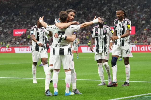 Juventus™ player celebrates after Khephren Thuram scoring 0-1 but the goal is disallowed for offside during the Serie A soccer match between Milan and Juventus at the San Siro Stadium in Milan , north Italy - Saturday , April 26 , 2026. - Soccer .  Copyright: xSpada LaPressex