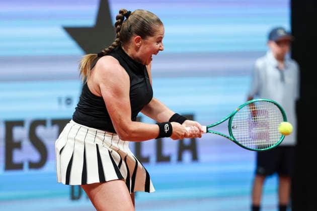 April 26, 2026, Madrid, Madrid, Spain: Jelena Ostapenko of Latvia plays against Anastasia Potapova of Austria during the Mutua Madrid Open 2026, ATP, Tennis Herren Masters 1000 and WTA, Tennis Damen 1000, at La Caja Magica on April 26, 2026 in Madrid, Spain. Mutua Madrid Open 2026 - Day 7 - ZUMAa181 20260426_zaa_a181_706 Copyright: xIrinaxR.xHipolitox
