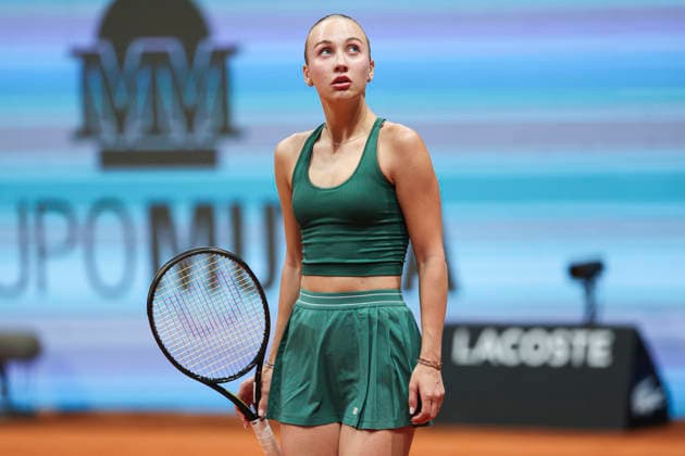 April 26, 2026, Madrid, Madrid, Spain: Anastasia Potapova of Austria reacts against Jelena Ostapenko of Latvia during the Mutua Madrid Open 2026, ATP, Tennis Herren Masters 1000 and WTA, Tennis Damen 1000, at La Caja Magica on April 26, 2026 in Madrid, Spain. Mutua Madrid Open 2026 - Day 7 - ZUMAa181 20260426_zaa_a181_697 Copyright: xIrinaxR.xHipolitox
