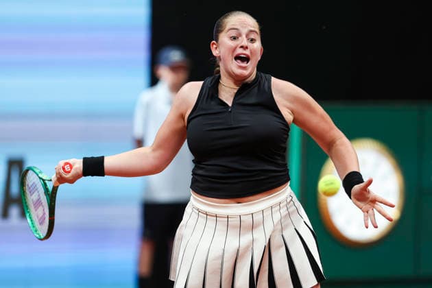 April 26, 2026, Madrid, Madrid, Spain: Jelena Ostapenko of Latvia plays against Anastasia Potapova of Austria during the Mutua Madrid Open 2026, ATP, Tennis Herren Masters 1000 and WTA, Tennis Damen 1000, at La Caja Magica on April 26, 2026 in Madrid, Spain. Madrid Spain - ZUMAa181 20260426_zaa_a181_698 Copyright: xIrinaxR.xHipolitox