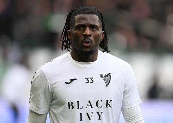 Edinburgh, Scotland, 26th April 2026. Rocky Bushiri of Hibernian during the Hibernian vs Hearts Scottish Premiership match at Easter Road, Edinburgh. Picture credit should read: Neil Hanna Sportimage EDITORIAL USE ONLY. No use with unauthorised audio, video, data, fixture lists, club league logos or live services. Online in-match use limited to 120 images, no video emulation. No use in betting, games or single club league player publications. SPI_090_NH_Hibs_Hearts SPI-4738-0090