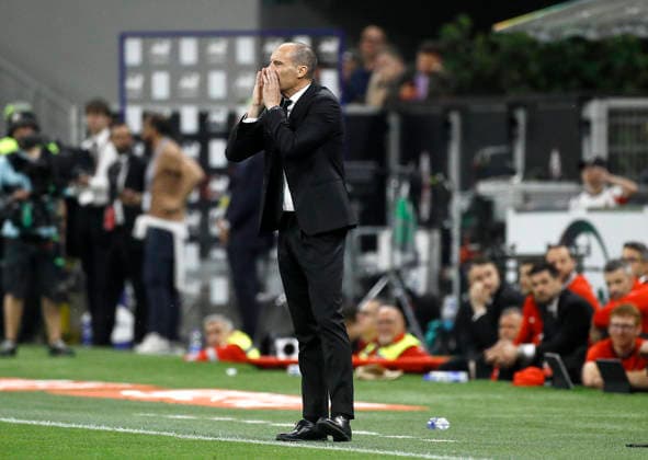 MILAN, ITALY - APRIL 26: Massimiliano Allegri head coach of AC Milan reacts ,during the Serie A match between AC Milan and Juventus FC at Giuseppe Meazza Stadium on April 26, 2026 in Milan, Italy.  Copyright: xMBxMediax