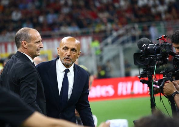 MILAN, ITALY - APRIL 26: Massimiliano Allegri head coach of AC Milan greets Luciano Spalletti head coach of Juventus FC ,during the Serie A match between AC Milan and Juventus FC at Giuseppe Meazza Stadium on April 26, 2026 in Milan, Italy.  Copyright: xMBxMediax