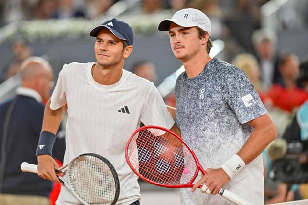 April 26, 2026, Madrid, Madrid, Spain: JOAO FONSECA of Brazil and RAFAEL JODAR of Spain †ADIDAS during the Mutua Madrid Open 2026, ATP, Tennis Herren Masters 1000 and WTA, Tennis Damen 1000 tennis tournament, celebrated at Caja Magica on April 26, 2026 in Madrid, Spain. Madrid Spain - ZUMAc312 20260426_zsp_c312_342 Copyright: xOscarxManuelxSanchezx