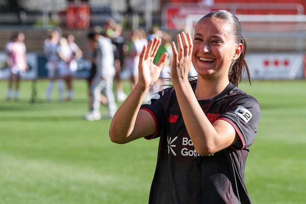 26 04 2026, xsscx, Women Soccer, Bayer 04 Leverkusen SC Freiburg, 1 Soccer Bundesliga, 23 Matchday, Ulrich Haberland Stadium, Season 2025 2026 Sana Coskun Bayer Leverkusen 42 celebrates the victory against SC Freiburg DFB regulations prohibit any use of photographs as image sequences and or quasi video Photo xSandraxScherningxPressefotoKochx Nordrhein Westfalen Germany