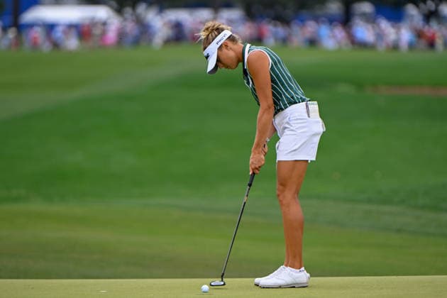 HOUSTON, TX - APRIL 26: Pauline Roussin-Bouchard (FRA) sinks her par putt on 1 during the final round of The Chevron Championship on April 26, 2026, at Memorial Park Golf Course in Houston, Texas. (Photo by Ken Murray Icon Sportswire) GOLF: APR 26 LPGA, Golf Damen The Chevron Championship EDITORIAL USE ONLY Icon2604260134