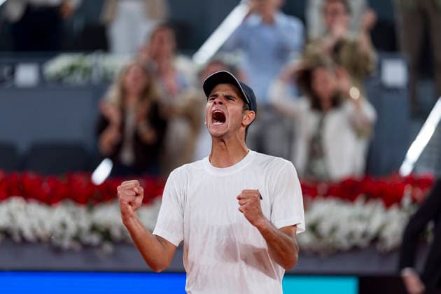 Mutua Madrid Open - Day Seven MADRID, SPAIN - APRIL 26: Rafael Jodar of Spain celebrates the victory against Joao Fonseca of Brazil during the Men s Singles Round of 32 match during the Mutua Madrid Open 2026 tournament celebrated at La Caja Magica on April 26, 2026 in Madrid, Spain. Madrid La Caja Magica Madrid Spain Copyright: xAlbertoxGardinx AGardin_20260426_Tennis_Madrid_Day7_1245