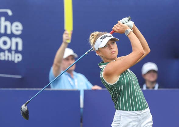 1HOUSTON, TX - APRIL 26: Pauline Roussin-Bouchard (FRA) watches her tee shot on 1 during the final round of The Chevron Championship on April 26, 2026 at Memorial Park Golf Course in Houston, Texas. (Photo by Leslie Plaza Johnson Icon Sportswire) GOLF: APR 26 LPGA, Golf Damen The Chevron Championship EDITORIAL USE ONLY Icon260426020