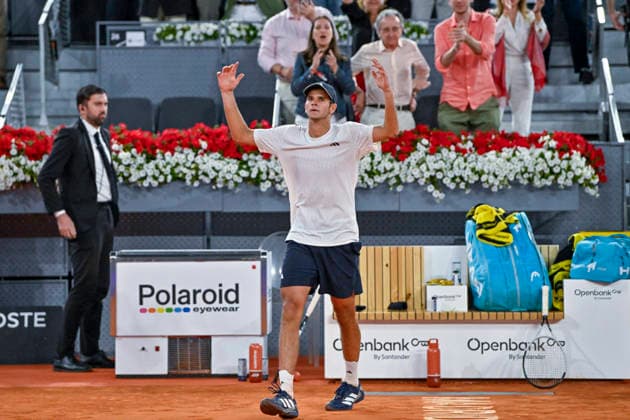 April 27, 2026, Madrid, Madrid, Spain: RAFAEL JODAR of Spain †ADIDAS celebrating the team s victory the Mutua Madrid Open 2026, ATP, Tennis Herren Masters 1000 and WTA, Tennis Damen 1000 tennis tournament, celebrated at Caja Magica on April 26, 2026 in Madrid, Spain. Mutua Madrid Open 2026 - Day 7 (04.26.26) - ZUMAc312 20260427_zsp_c312_005 Copyright: xOscarxManuelxSanchezx