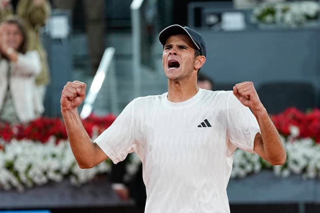 April 26, 2026, Madrid, Madrid, Spain: Rafael Jodar of Spain reacts after winning against Joao Fonseca of Brazil during the Mutua Madrid Open 2026, ATP, Tennis Herren Masters 1000 and WTA, Tennis Damen 1000, at La Caja Magica on April 26, 2026 in Madrid, Spain. Mutua Madrid Open 2026 - Day 7  - ZUMAa181 20260426_zaa_a181_790 Copyright: xOscarxJ.xBarrosox