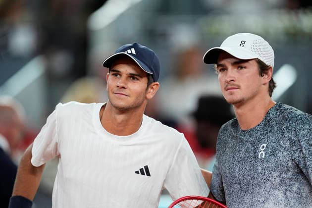April 26, 2026, Madrid, Madrid, Spain: Rafael Jodar of Spain and Joao Fonseca of Brazil pose for photo during the Mutua Madrid Open 2026, ATP, Tennis Herren Masters 1000 and WTA, Tennis Damen 1000, at La Caja Magica on April 26, 2026 in Madrid, Spain. Mutua Madrid Open 2026 - Day 7 - ZUMAa181 20260426_zaa_a181_748 Copyright: xOscarxJ.xBarrosox