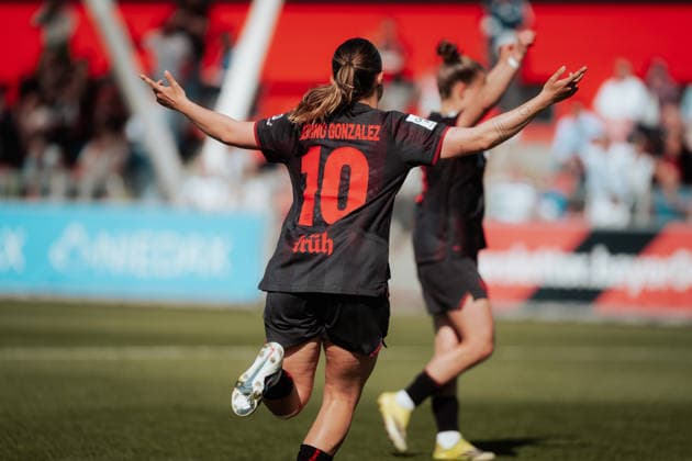 26.04.26, Women, Football, Google Pixel Frauen Bundesliga, Season 2025 2026, Bayer 04 Leverkusen - SC Freiburg, Matchday 23 Estrella Merino Gonzalez ( 10 - Bayer 04 Leverkusen) goal celebration of her goal for the 2:0 Leverkusen Ulrich-Haberland-Stadion NRW Deutschland