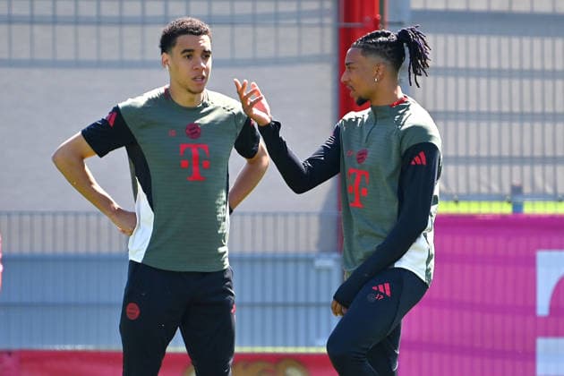 from left Jamal MUSIALA Bayern Muenchen , Michael OLISE Bayern Muenchen final training Bayern Muenchen on 27 04 2026 Football Champions League semi-final Paris Saint Germain PSG FC Bayern Muenchen on 28 04 2026