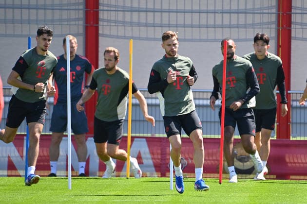 from left Aleksandar PAVLOVIC Bayern Muenchen , Harry KANE Bayern Muenchen , Joshua KIMMICH Bayern Muenchen ,Jonathan TAH Bayern Muenchen ,Minjae KIM FC Bayern Muenchen Final training Bayern Muenchen on 27 04 2026 Soccer Champions League Semi-Final Paris Saint Germain PSG FC Bayern Muenchen on 28 04 2026