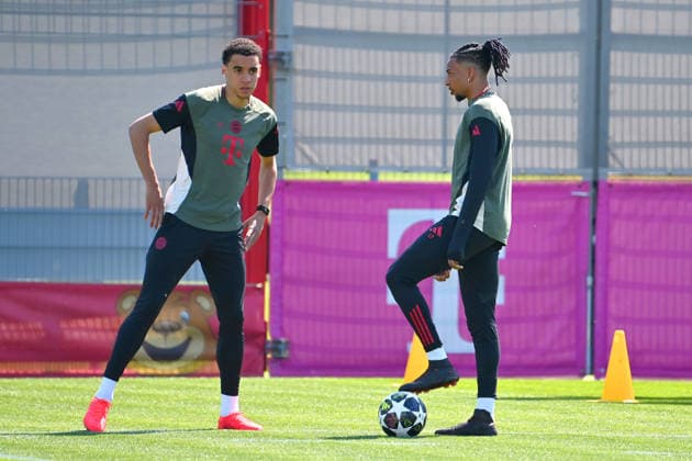 from left Jamal MUSIALA Bayern Muenchen , Michael OLISE Bayern Muenchen final training Bayern Muenchen on 27 04 2026 Football Champions League semi-final Paris Saint Germain PSG FC Bayern Muenchen on 28 04 2026