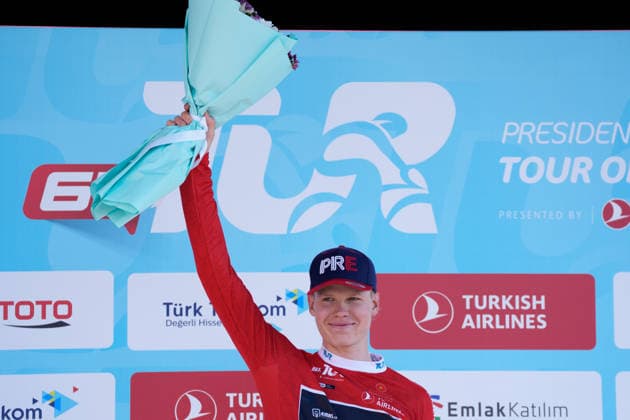 61st Presidential Cycling Tour of Turkiye AYDIN, TURKIYE - APRIL 27: Michal Pomorski of the ATT Investments team poses with the Red and White jerseys after the second stage of the 61st Presidential Cycling Tour of Turkiye, a 152-kilometer route from Aydin to Marmaris, in Aydin, Turkiye, on April 27, 2026. Held under the auspices of the Turkish Presidency and supported by the Turkish Youth and Sports Ministry, the eight-stage race is Turkiye’s only event in the ‘ProSeries’ category on the UCI Europe Tour calendar. Ahmet Serdar Eser Anadolu Aydin Turkey. Editorial use only. Please get in touch for any other usage.  Copyright: x2026xAnadoluxAhmetxSerdarxEserx