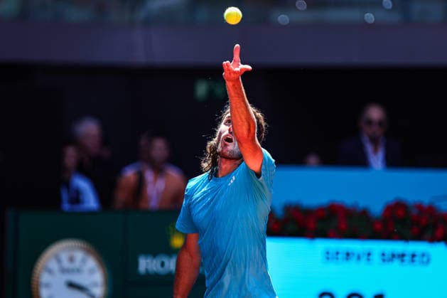 Mutua Madrid Open 2026 - Day 8 Stefanos Tsitsipas of Greece competes against Daniel Merida of Spain during their Men s Singles match on Day Eight of the Mutua Madrid Open at La Caja Magica on April 27, 2026, in Madrid, Spain. Madrid Madrid Spain  Copyright: xMiguelxReisx originalFilename:reis-notitle260427_npRat.jpg