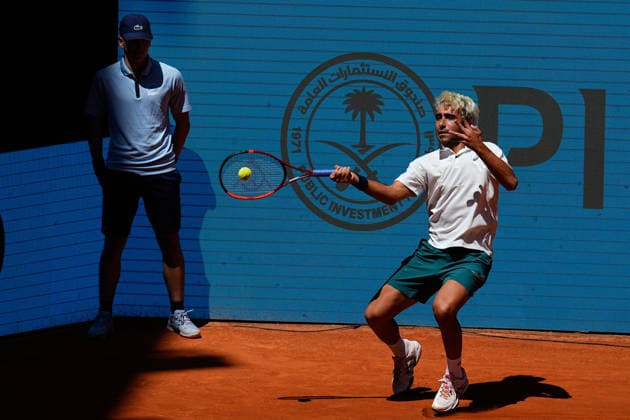 April 27, 2026, Madrid, Madrid, Spain: Daniel Merida of Spain in action against Stefanos Tsitsipas of Greece during the Mutua Madrid Open 2026, ATP, Tennis Herren Masters 1000 and WTA, Tennis Damen 1000, at La Caja Magica on April 27, 2026 in Madrid, Spain. Madrid Spain - ZUMAa181 20260427_zaa_a181_232 Copyright: xDennisxAgyemanx