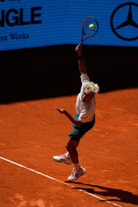 April 27, 2026, Madrid, Madrid, Spain: Daniel Merida of Spain in action against Stefanos Tsitsipas of Greece during the Mutua Madrid Open 2026, ATP, Tennis Herren Masters 1000 and WTA, Tennis Damen 1000, at La Caja Magica on April 27, 2026 in Madrid, Spain. Madrid Spain - ZUMAa181 20260427_zaa_a181_235 Copyright: xDennisxAgyemanx