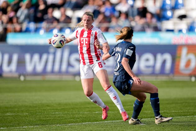 v li Sandra Maria Jessen Cologne, 6 , Wielle Douma Wianda Ellen Geertruida Douma, TSG, 13 , duel, duel scene, duel, tackle, tackling, dynamics, action, action, 27 04 2026, Sinsheim Hoffenheim Germany , Football, Google Pixel Women Bundesliga, TSG 1899 Hoffenheim 1 FC Köln, DFB DFL REGULATIONS PROHIBIT ANY USE OF PHOTOGRAPHS AS IMAGE SEQUENCES AND OR QUASI VIDEO xozx
