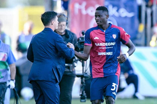 Cagliari s Paul Mendy celebrates after scoring the goal for 1-0 during the Serie A soccer match between Cagliari Calcio and Atalanta at the Unipol Domus in Cagliari, Sardinia - Monday 27th April. - Soccer  Copyright: x Â®xGianlucaxZuddas LaPressex