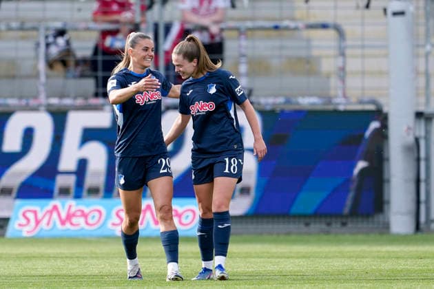 from left goal scorer Selina Cerci TSG, 29 , Valesca Ampoorter TSG, 18 , players of TSG 1899 Hoffenheim, celebrate the goal to 2 0, jubilation, goal celebration, celebrate the goal, goal, celebration, cheers about the goal, rejoicing, joy, rejoices, optimistic, positive, game scene, highlight, action, action, 27 04 2026, Sinsheim Hoffenheim Germany , Soccer, Google Pixel Women Bundesliga, TSG 1899 Hoffenheim 1 FC Köln, DFB DFL REGULATIONS PROHIBIT ANY USE OF PHOTOGRAPHS AS IMAGE SEQUENCES AND OR QUASI VIDEO xozx