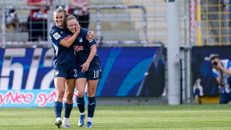 from left goal scorer Selina Cerci TSG, 29 , Valesca Ampoorter TSG, 18 , players of TSG 1899 Hoffenheim, celebrate the goal to 2 0, jubilation, goal celebration, celebrate the goal, goal, celebration, cheers about the goal, rejoicing, joy, rejoices, optimistic, positive, game scene, highlight, action, action, 27 04 2026, Sinsheim Hoffenheim Germany , Soccer, Google Pixel Women Bundesliga, TSG 1899 Hoffenheim 1 FC Köln, DFB DFL REGULATIONS PROHIBIT ANY USE OF PHOTOGRAPHS AS IMAGE SEQUENCES AND OR QUASI VIDEO xozx