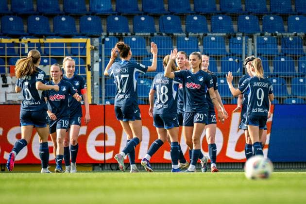Lisa Doorn 14 TSG Hoffenheim , Selina Cerci 29 TSG Hoffenheim , Nikee van Dijk 25 TSG Hoffenheim , Vanessa Diehm 6 TSG Hoffenheim , Franziska Harsch 17 TSG Hoffenheim and Marie Steiner 19 TSG Hoffenheim celebrate together at the Dietmar Hopp Stadium GPFBL TSG Hoffenheim 1 FC Köln, 27 04 2026 Copyright: xSpeedshotx