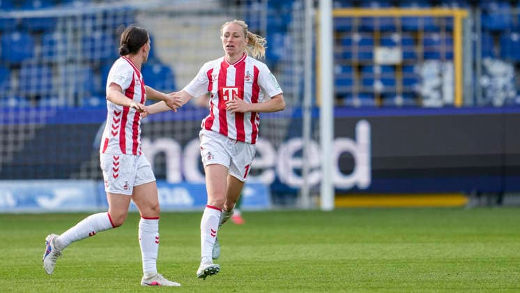 from left Sara Agrez Cologne, 4 , Pauline Bremer Cologne, 11 , players of 1 FC Cologne, cheer about the goal to 4 2, jubilation, goal celebration, celebrate the goal, goal, celebration, cheers about the goal, rejoicing, joy, rejoices, optimistic, positive, Game scene, Highlight, Action, Action, 27 04 2026, Sinsheim Hoffenheim Germany , Soccer, Google Pixel Women Bundesliga, TSG 1899 Hoffenheim 1 FC Köln, DFB DFL REGULATIONS PROHIBIT ANY USE OF PHOTOGRAPHS AS IMAGE SEQUENCES AND OR QUASI VIDEO xozx