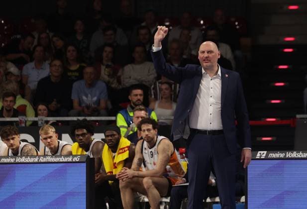 Dissatisfied Rostock coach Przemyslaw FRASUNKIEWICZ Basketball Bayern Rostock Bundesliga, FC Bayern Basketball Rostock Seawolves, 23 Matchday, Season 2025 2026, 27 04 2026, in Munich, B M W P A R K, Germany Source Copyright Credit Oryk HAIST xBASKETBALL-BAYERN-ROSTOCKx