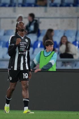 Udinese s Kingsley Ehizibue celebrates after scoring during the Serie A EniLive soccer match between Lazio and Udinese at the Rome s Olympic stadium, Italy - Monday April 27, 2026 - Soccer ( Photo by Alfredo Falcone LaPresse )  Copyright: xAlfredoxFalcone LaPressex