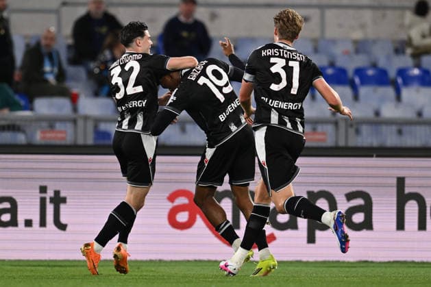 Kingsley Ehizibue of Udinese Calcio celebrates after scoring the goal of 0-1 during the 34th matchday of the Serie A championship between S.S. Lazio and Udinese Calcio at the Olympic Stadium on April 27, 2026 in Rome, Italy.  Copyright: xDomenicoxCippitelli IPAxSportx xipa-agency.netx xx IPA_74278902 IPA_Agency_IPA74278902