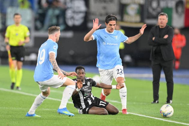 RECORD DATE NOT STATED 27th April 2026, Stadio Olimpico, Rome, Italy; Italian Serie A Football; Lazio versus Udinese; Hassane Kamara of Udinese under pressure from Matteo Cancellieri of SS Lazio and Manuel Lazzari of SS Lazio AllShotLive