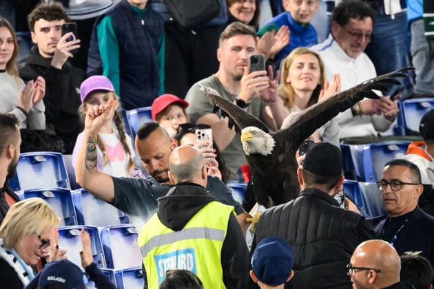 Lazio s mascot, the eagle Flaminia, lands on the stands prior to the Serie A 2025 2026 football match between SS Lazio and Udinese Calcio at Stadio Olimpico in Rome (Italy), April 27, 2026. AndreaxStaccioli