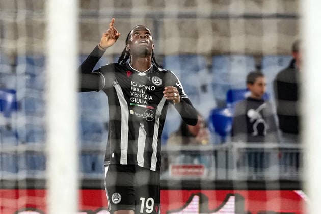 Kingsley Ehizibue of Udinese Calcio celebrates after scoring the goal of 0-1 during the Serie A 2025 2026 football match between SS Lazio and Udinese Calcio at Stadio Olimpico in Rome (Italy), April 27, 2026. AntoniettaxBaldassarre