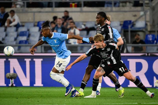 Tijjani Noslin of SS Lazio and Thomas Kristensen of Udinese Calcio compete for the ball during the Serie A 2025 2026 football match between SS Lazio and Udinese Calcio at Stadio Olimpico in Rome (Italy), April 27, 2026. AndreaxStaccioli